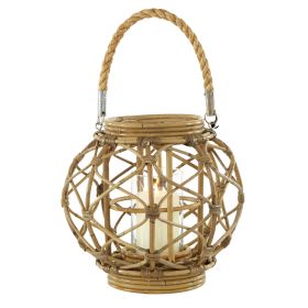 Decmode Round Brown Woven Rattan Lantern with Burlap Jute Rope Handle and Glass Insert, 13' x 10.5'