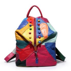 Retro Genuine Leather Backpack Sheepskin Lady Backpack Designer Travel Colorful Patchwork Luxury Shopper Bag Mochila (Color: Colour matching)