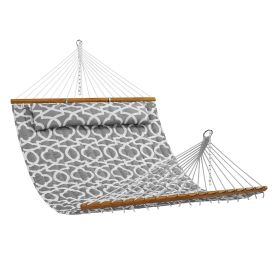 VEVOR Double Quilted Fabric Hammock, 12 FT Double Hammock with Hardwood Spreader Bars, 2 Person Quilted Hammock with Detachable Pillow and Chains for (Type of Support: Without Bracket, Color: Grey White)