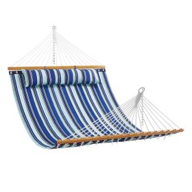 VEVOR Double Quilted Fabric Hammock, 12 FT Double Hammock with Hardwood Spreader Bars, 2 Person Quilted Hammock with Detachable Pillow and Chains for (Type of Support: Without Bracket, Color: Blue-Green Color Scheme)