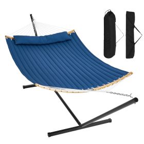 VEVOR Two Person Hammock with Stand Included, Double Hammock with Curved Spreader Bar and Detachable Pillow and Portable Carrying Bag, Perfect for Out (Type of Support: T Type, Color: Blue)