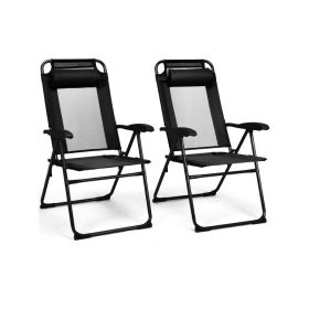 2 Pieces Patio Adjustable Folding Recliner Chairs with 7 Level Adjustable Backrest (Color: Black)