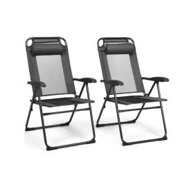 2 Pieces Patio Adjustable Folding Recliner Chairs with 7 Level Adjustable Backrest (Color: Gray)