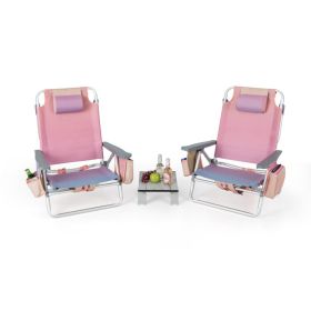 2 Packs 5-Position Outdoor Folding Backpack Beach Table Chair Reclining Chair Set (Color: Pink)