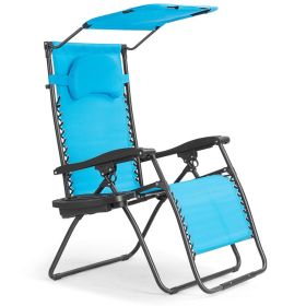 Folding Recliner Lounge Chair with Shade Canopy Cup Holder (Color: Turquoise)